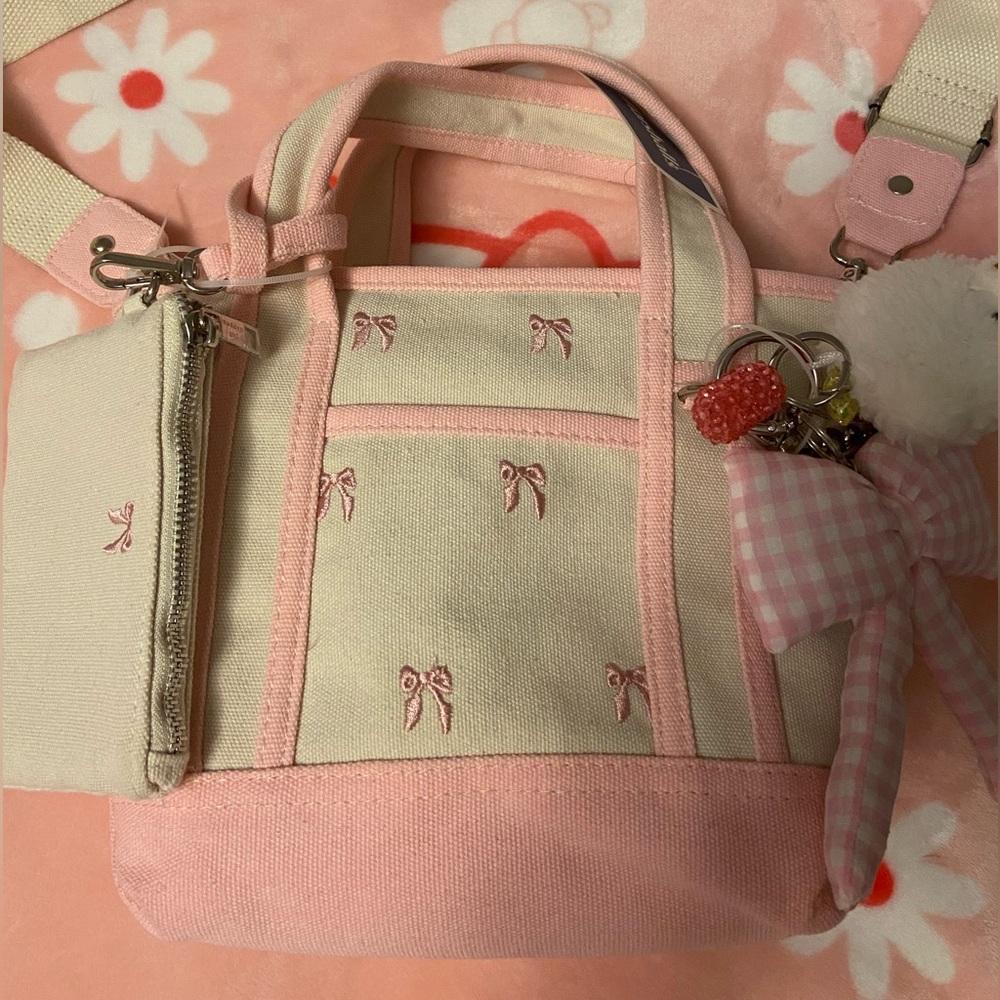 Madden Girl Beige Pink Bow Tote Purse with Key Chain